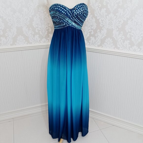 B. Smart Blue Strapless Ombre Prom Party Gala Maxi Dress Juniors Size 1 FLAW - Picture 1 of 5